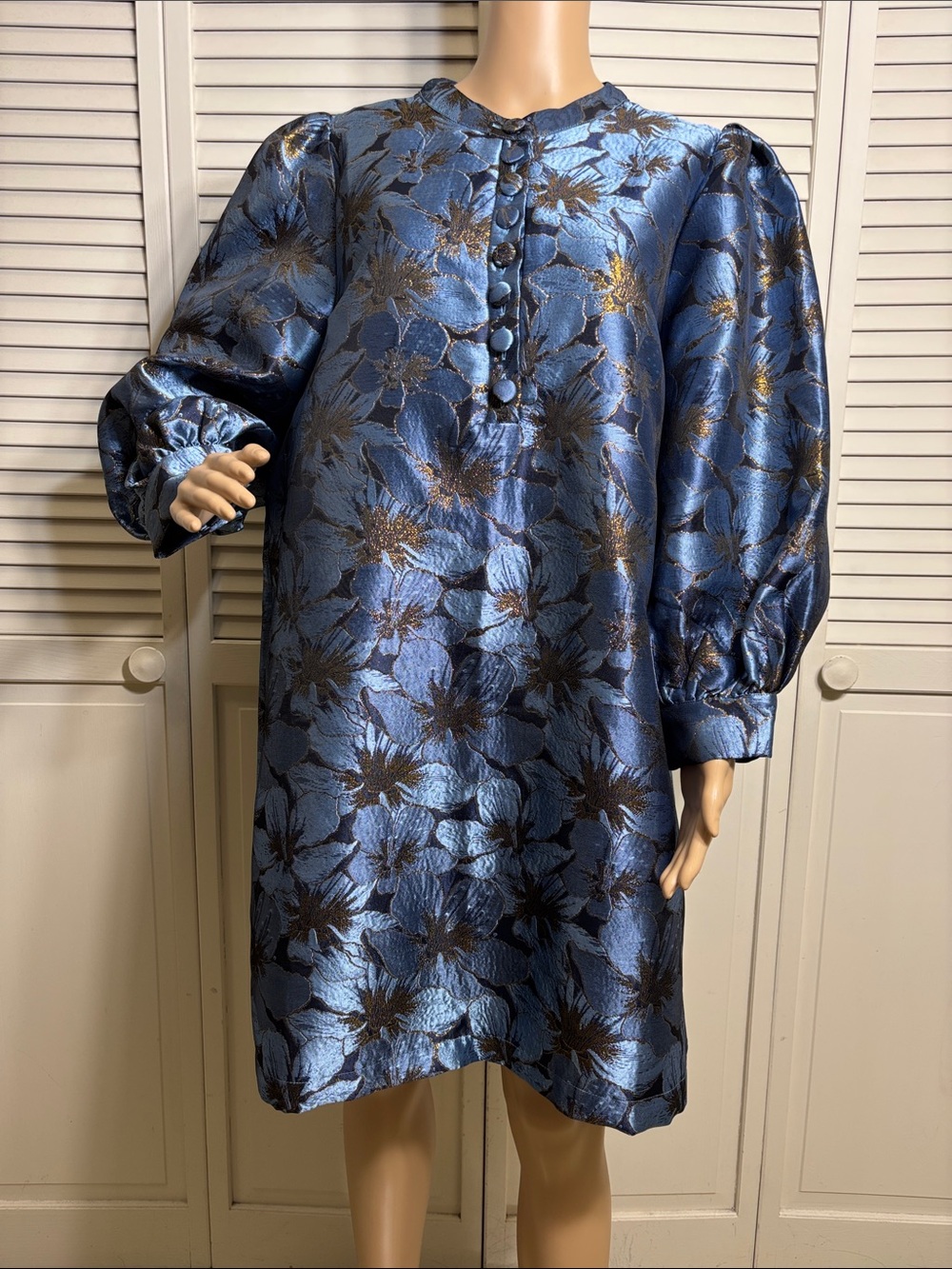 Pomander Place Blue Jacquard Samantha Dress Floral Balloon Sleeves XXL - Picture 4 of 16